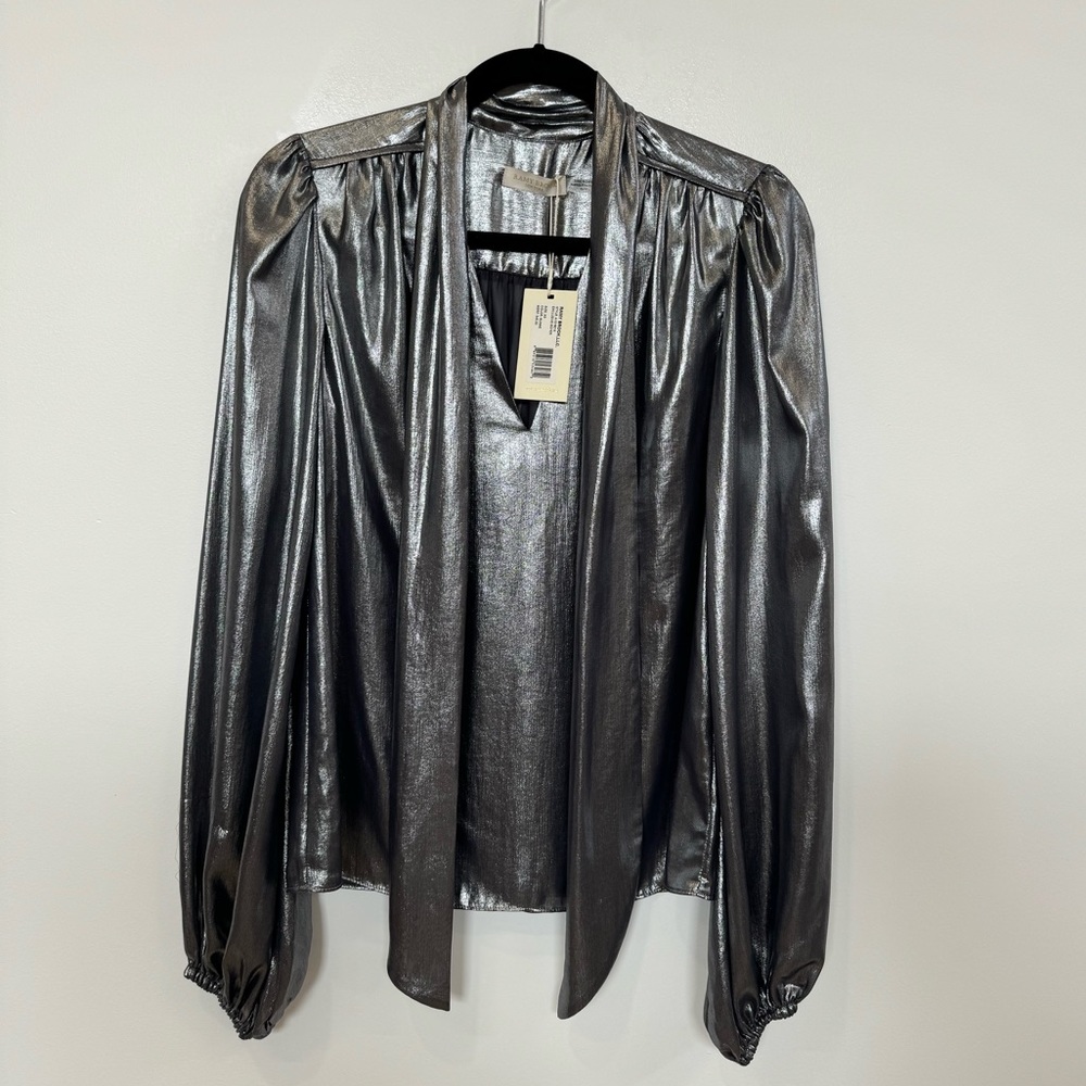 NWT: Ramy Brook Silver Metallic Long Sleeve Blouse XS